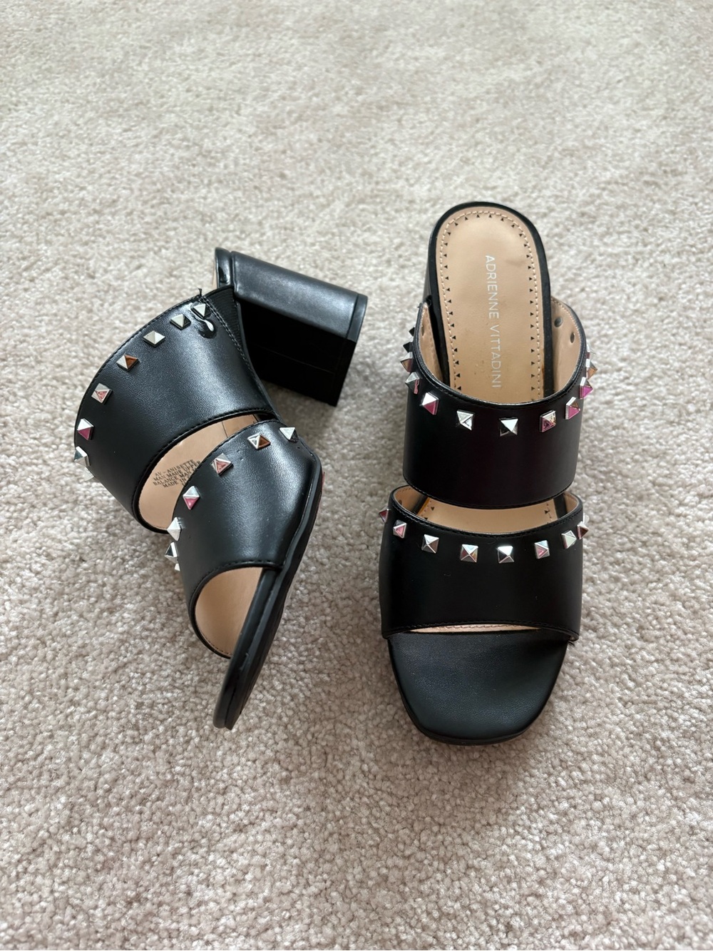 Adrienne Vittadini Black Double-Strap Studded Block Heel Mules